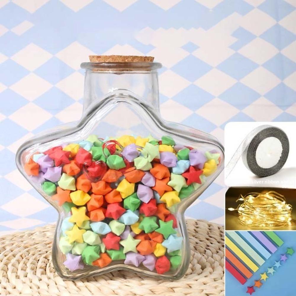 DIY DIY Stars Wishing Bottle Glass Bottle with Shiny String Lights Lucky Star Paper Folding Strips Decorative Rainbow Color