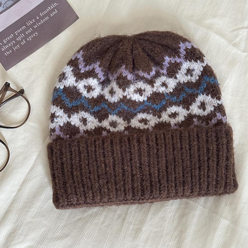 Luochi Women s Fair Isle Style Knitted Wool Winter Hat - Retro Warm, Face-Slimming, Slouchy Design коричневый