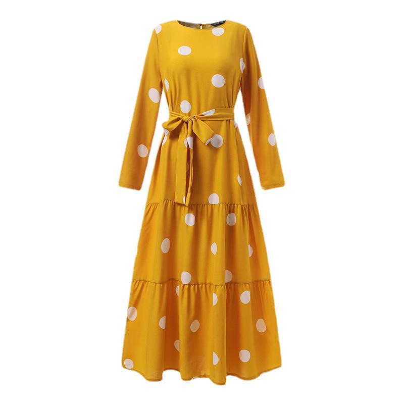 2023 Middle Eastern Muslim Polka Dot Print Maxi Dress with Belt