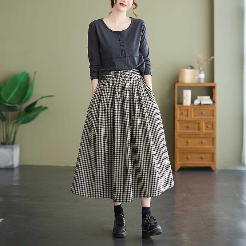 The Real Shot of The New Literary and Artistic Women's Clothing Cotton and Linen  Pendulum High Waist and Thin A Word Medium and Long Skirt