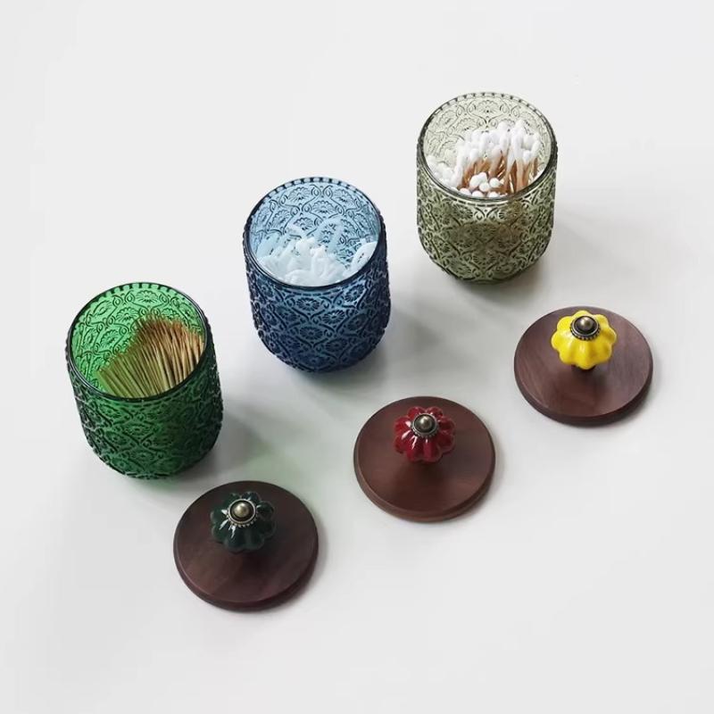 BEPAN 1PC Vintage American Style Glass Cotton Swab Storage Box Creative Toothpick Holder Dental Floss Dispenser French Ornament