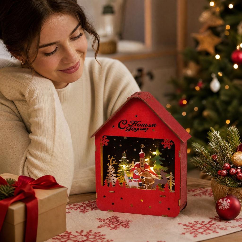 Wooden Lighted House Decoration, Small House Ornament for New Year and Christmas Scene Display