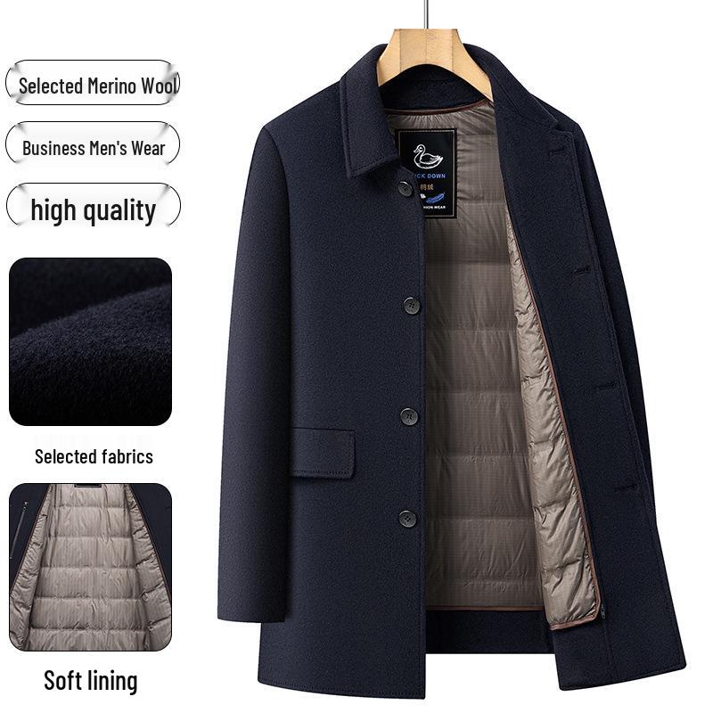 Men's Double-sided Mid-length Wool Coat with Lapel and Casual Down Liner