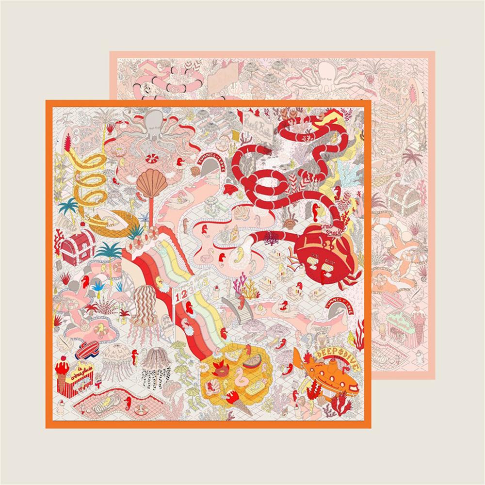POBING Manual Hand Rolled Twill Silk Scarf Women Ocean Park Double Print Square Scarves Wraps Echarpes Foulards Femme Hijab 90CM