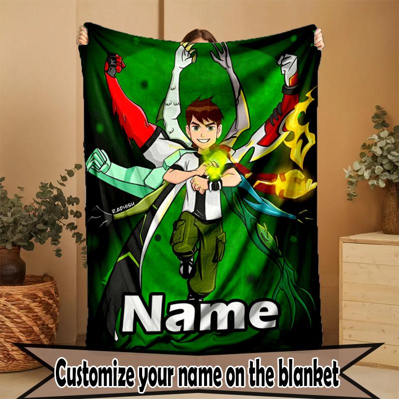 Custom Name Personalized Ben 10 Cartoon Print Blanket, Home Decor, Bedroom, Sofa, Camping, Couch, Gifts for Birthday ChristmasEnthusiasts
