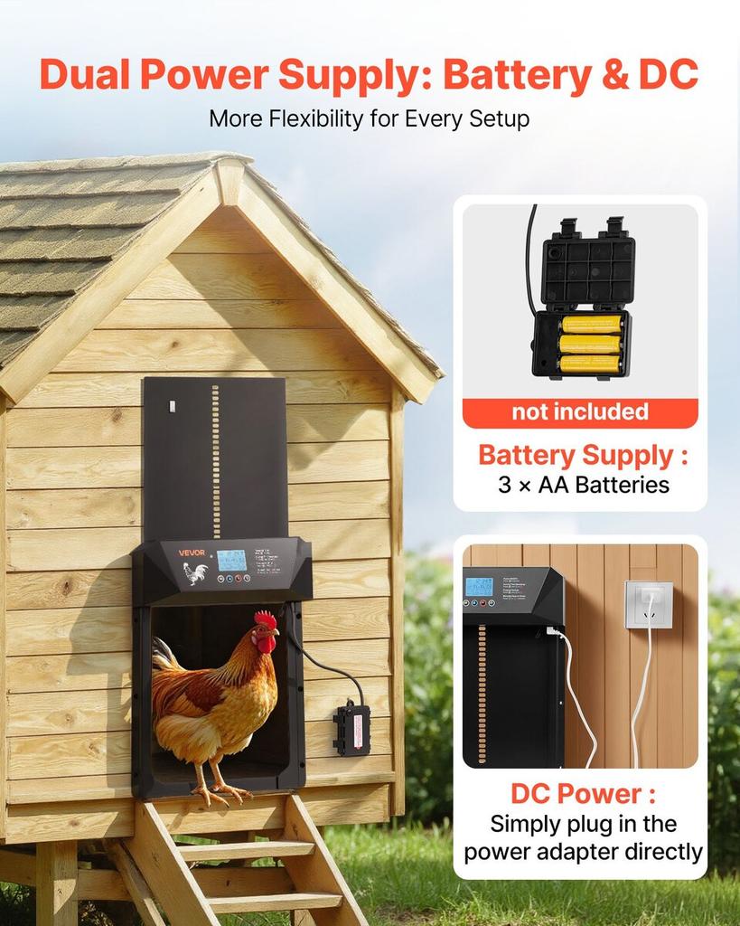 Automatic Chicken Coop Door, DC & Battery Powered Chicken Door with LCD Display, Light Sensor, Timer & Manual Setting, Anti-Pinch Security, Durable