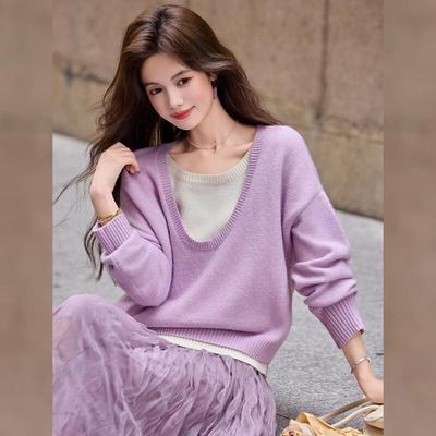 Bailuyu Damen Kontrast Strickpullover im Faux-Zweiteiler-Look