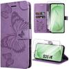 Case for Samsung Galaxy S26 FE, Anti-Scratch Synthetic Leather Purple Butterfly Pattern - 2 Tempered Glasses