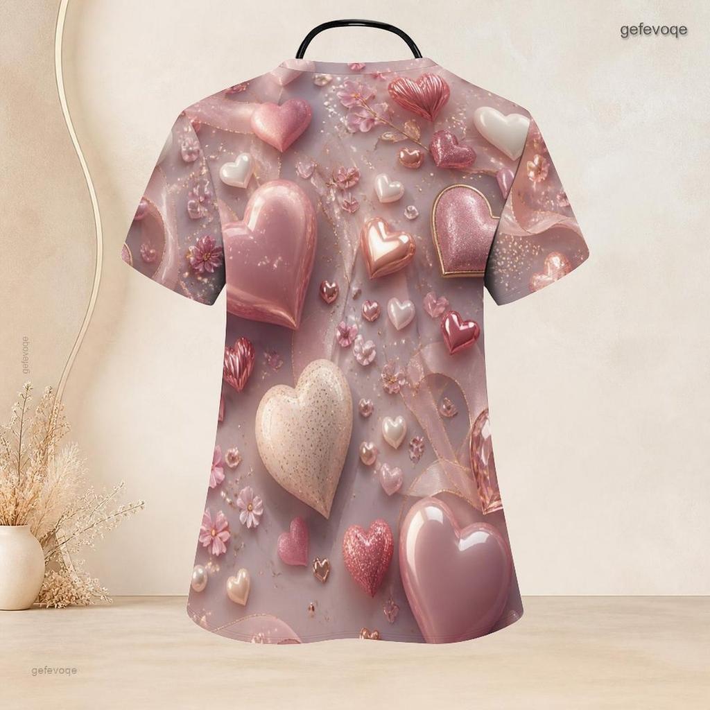Women Plus Size V Neck Short Sleeve Scrub Top Pink Watercolor Heart Valentine Print Nurse Uniform Top