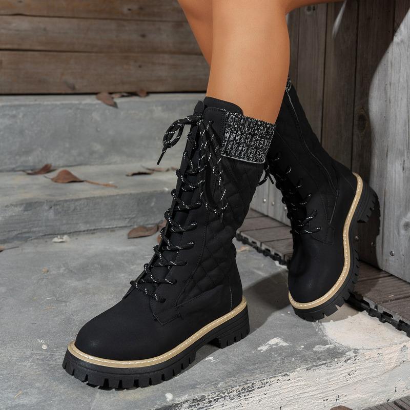 Autumn and Winter Plus Size European and American Cross-border New High-top Front Lace-up Simple Style Thick Heel Women's Boots