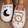 Modne kapcie z futra ze wzorem zegara księżycowego, damskie, modne, z imitacji wełny jagnięcej, bawełniane kapcie domowe, damskie, zimowe, ciepłe, antypoślizgowe, pluszowe klapki, dla pań