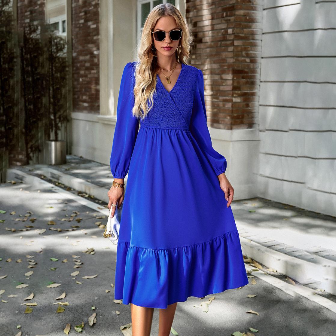 

Жіноча осінь-зима Soild елегантна мереживна сукня середньої довжини з V-подібним вирізом із високою талією XL королівський синій колір