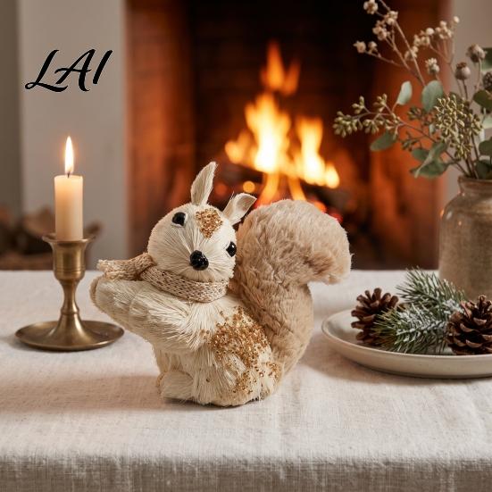 Forest Atmosphere Party Supplies Handmade Straw Deer/Squirrel Christmas Ornaments with Scarf Retro Pastoral Style Handcrafted Seasonal Gift