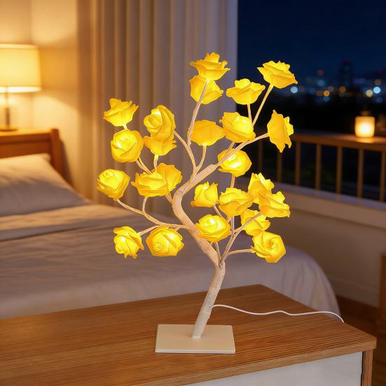 Rose Flower Tree Lamp 24 LED Rose Tree Table Lamp USB Powered Artificial Bonsai Flower Night Light for Bedroom Living Room Wedding Valentine's Day
