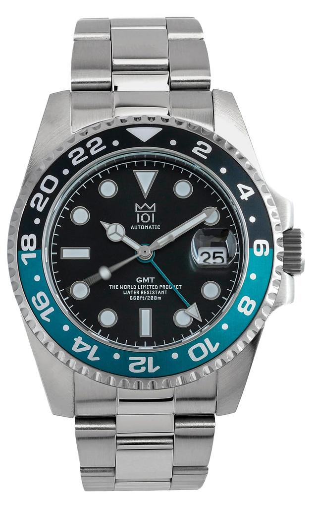 NY modell Hyakuichi AUTOMATISK GMT-UR Mekanisk GMT Japansk bevegelse Roterende ramme 20 ATM Vanntett World Time Watch Aqua x Black