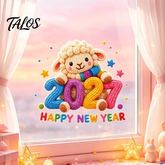 Removable Holiday Stickers Chinese New Year Window Stickers, 2027 Goat Static Clings, Reusable Easy Apply Film Crochet Knit Lamb Decor for Home