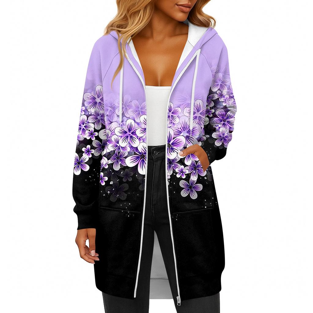 Women's Fashionable Printed  Long Sleeved Drawstring Hooded Zipper Pocket Long Casual Sweatshirt Jacket