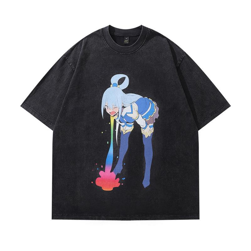 American Retro Trendy Brand T-Shirt Y2K Cartoon Printing Heavy Cotton Washed Short-Sleeved T-Shirt Men And Women Trendy