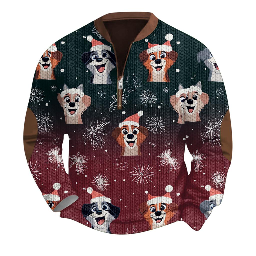 Mens Christmas Sweater Zip Up Sweatshirts Vintage Knit Graphic Sweatshirt Xmas Stand Collar Pullover