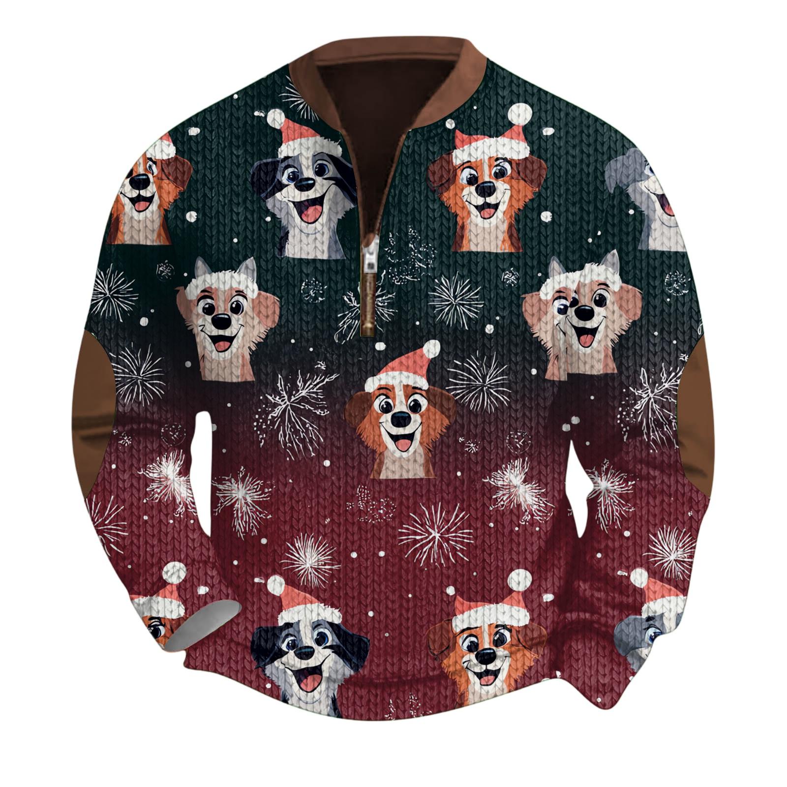 

Мужской рождественский свитер на молнии, винтажный вязаный графический свитшот, рождественский пуловер со стойкой M темно-зеленого