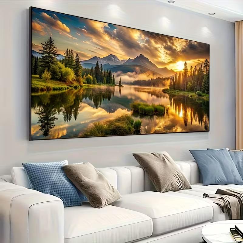 2D Reflective Forest Lake Tapestry Mountain Sunset Photography Background
