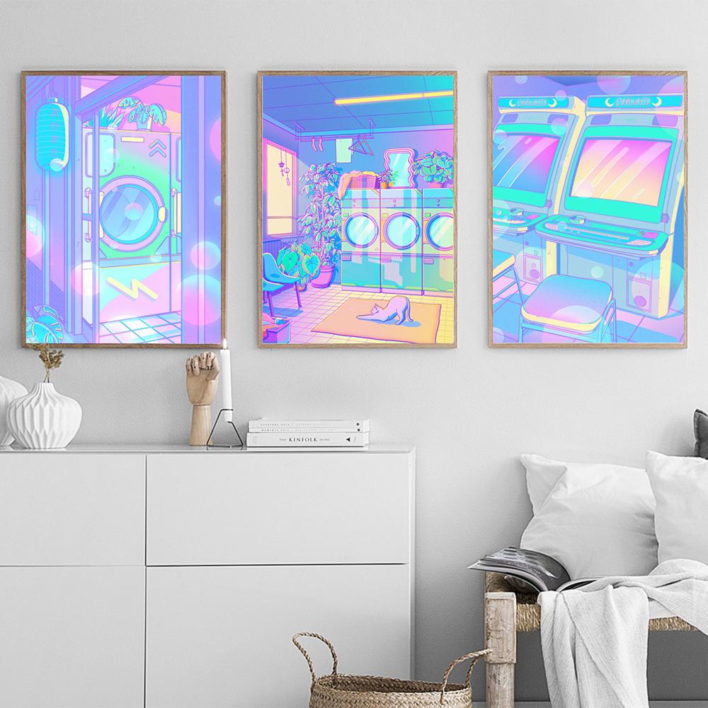 Poster im Vaporwave-Stil, japanische Stadt, Nacht, Straße, Pop, Kyoto, Poster, Leinwand, Gemälde, Wandkunst, Bild, Druck, Kawaii-Zimmer-Heimdekoration