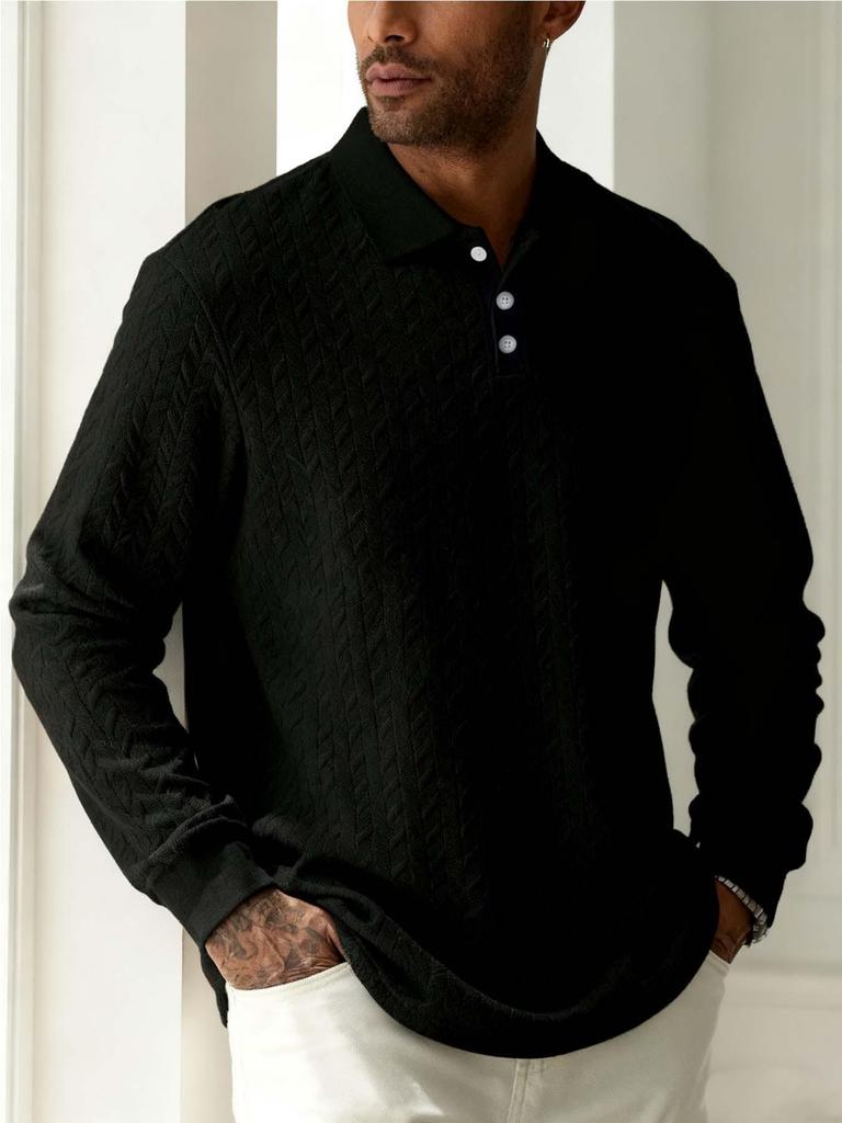 Men's Solid Color Lapel Button-Front Long Sleeve Polo Shirt - Casual, Versatile Top