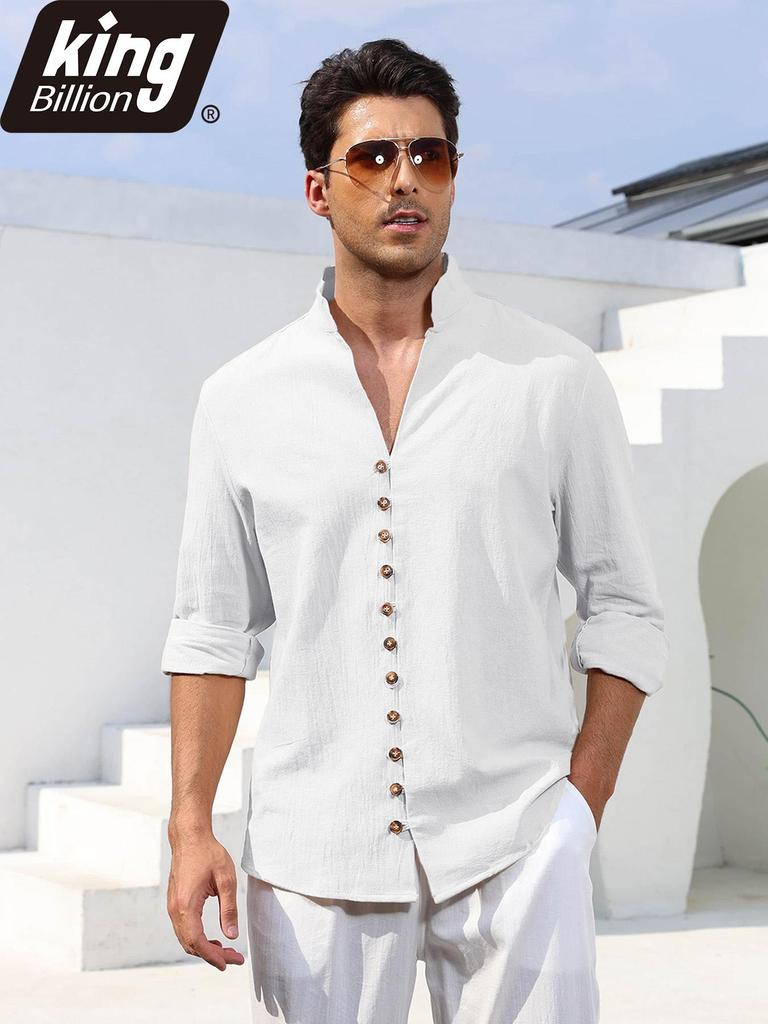 Men's Linen Cotton Blend Long Sleeve Shirt - Stylish Single Breasted Henley Neck Casual Tops for Daily Wear