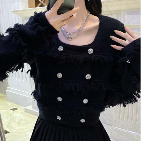 Cardigan Firkantet Hals Dusk Strikket Kåpe Dame Kort Dobbeltspent Cardigan Vår og Høst Genser Cardigan Dame Topp