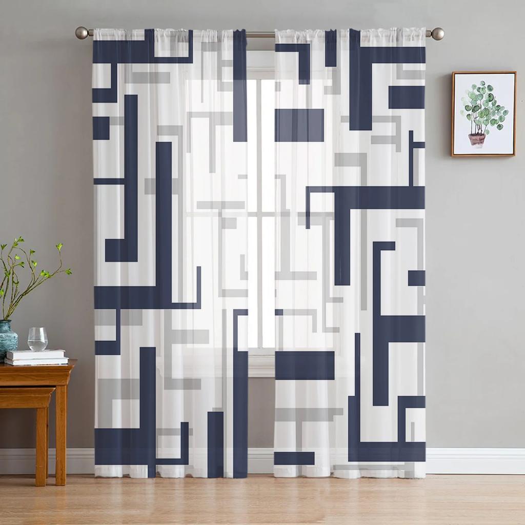 Luxury Art Geometry Yellow Grey Curtains Living Room Printed Tulle Window Curtain Home Balcony Decor Drapes Light Filtering For Area Made Of Polyester