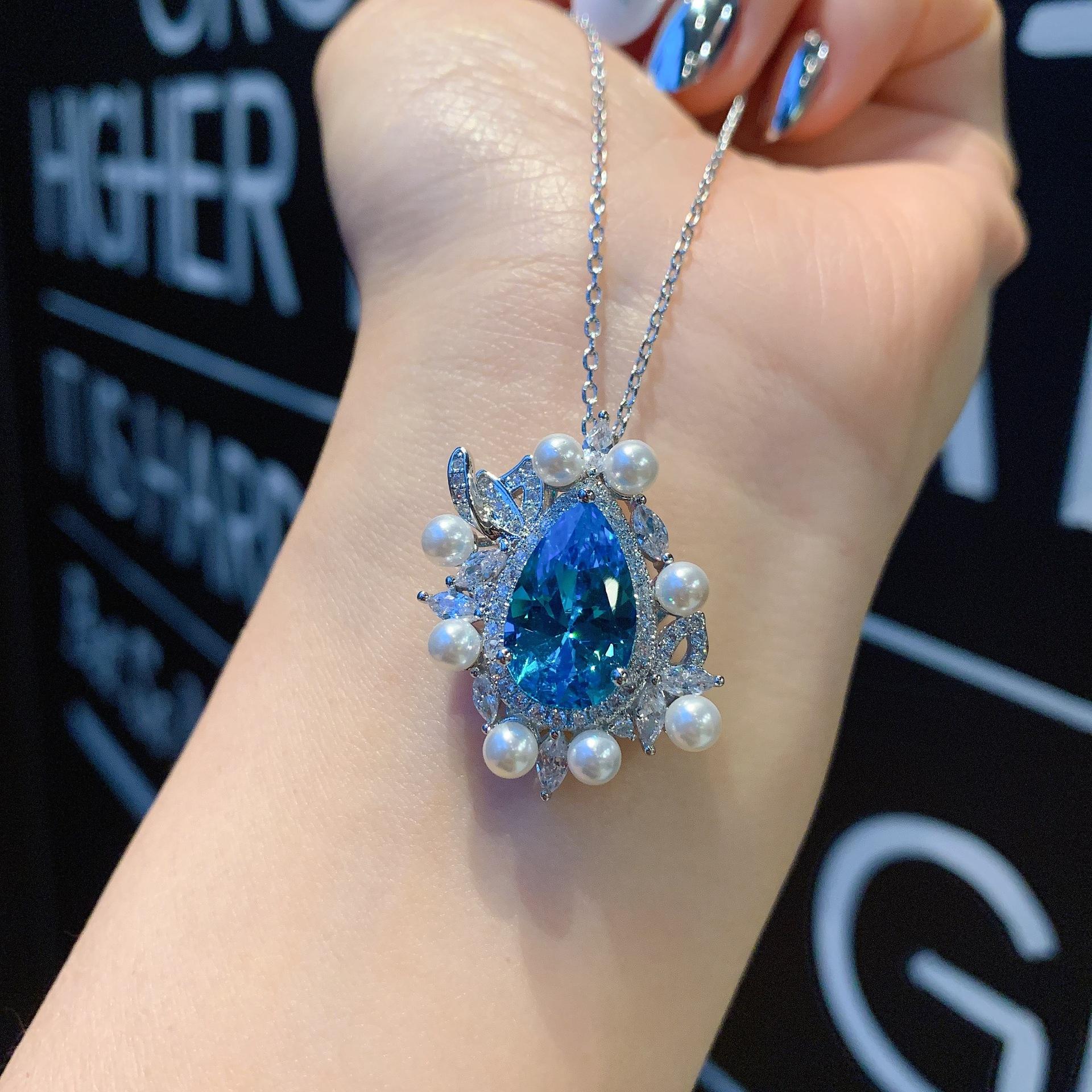 Three-Piece Set Of Zircon Pearl Earrings, Earrings, Slightly Set With Pearl Sea Blue Diamond Necklace, Colorful Treasure Ring.