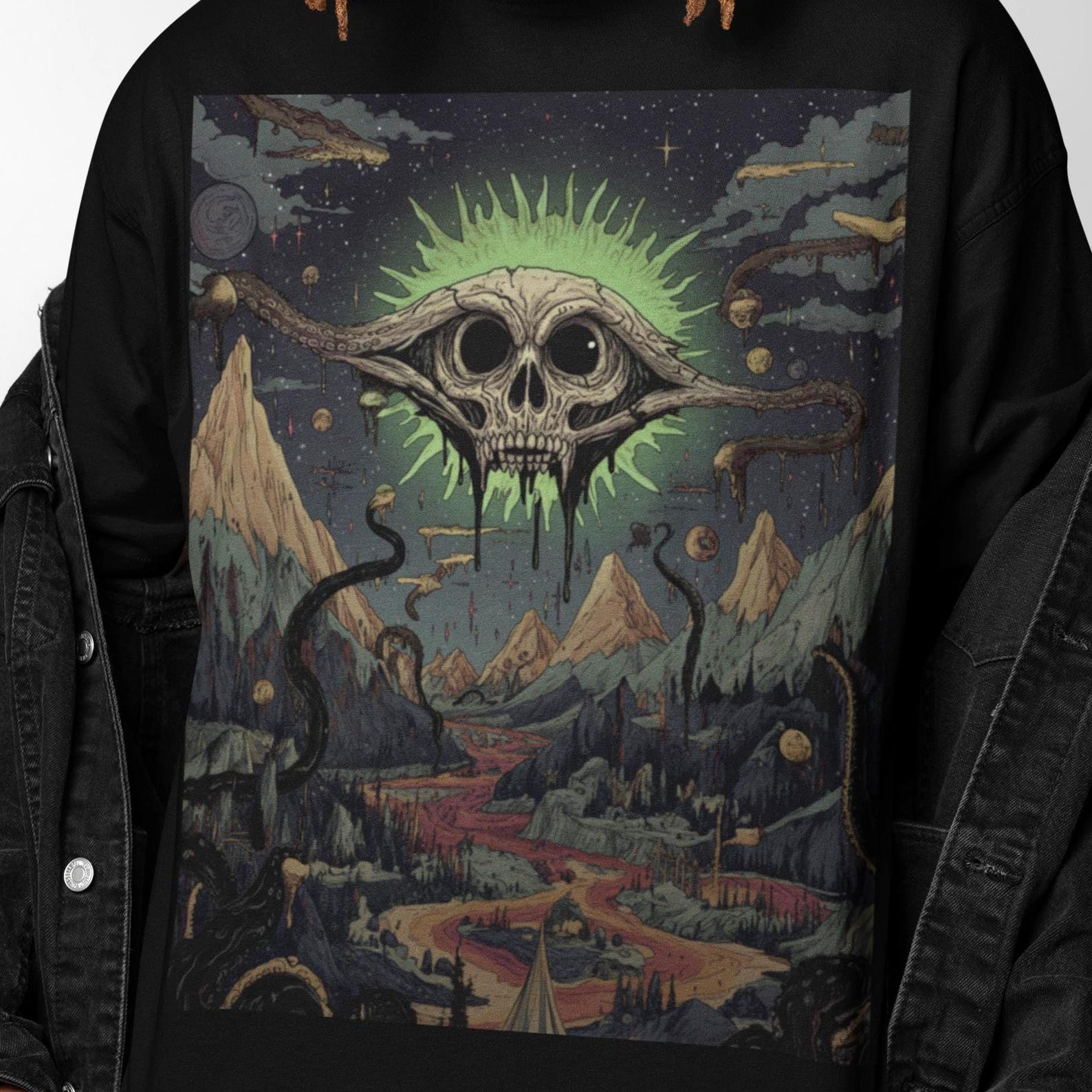 Cosmic Skull Surreal T-Shirt | Trippy Skull Graphic Shirt | Eldritch Horror Art Tee | Gift for Art Lovers S