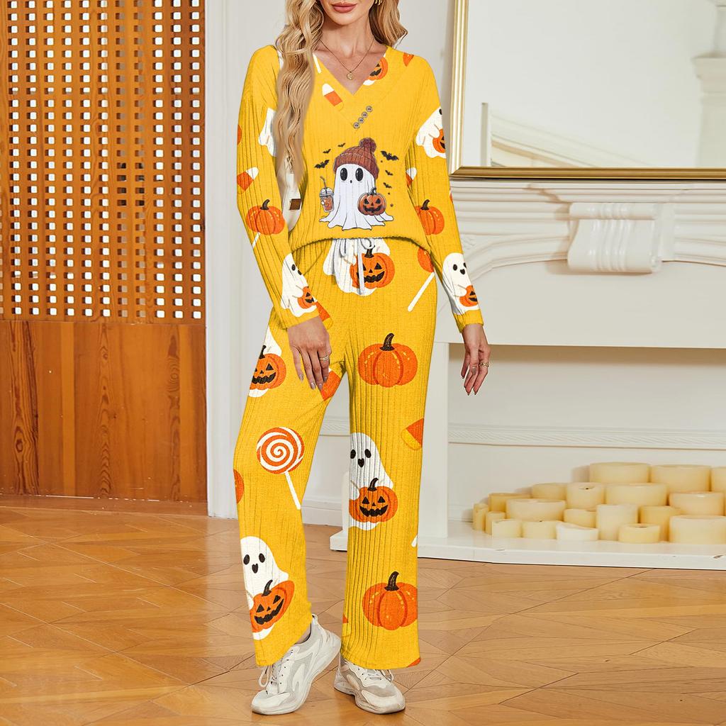 Women's Halloween Print V-Neck Long Sleeve Pajama Set with Pockets Loose Fit Sleepwear Set