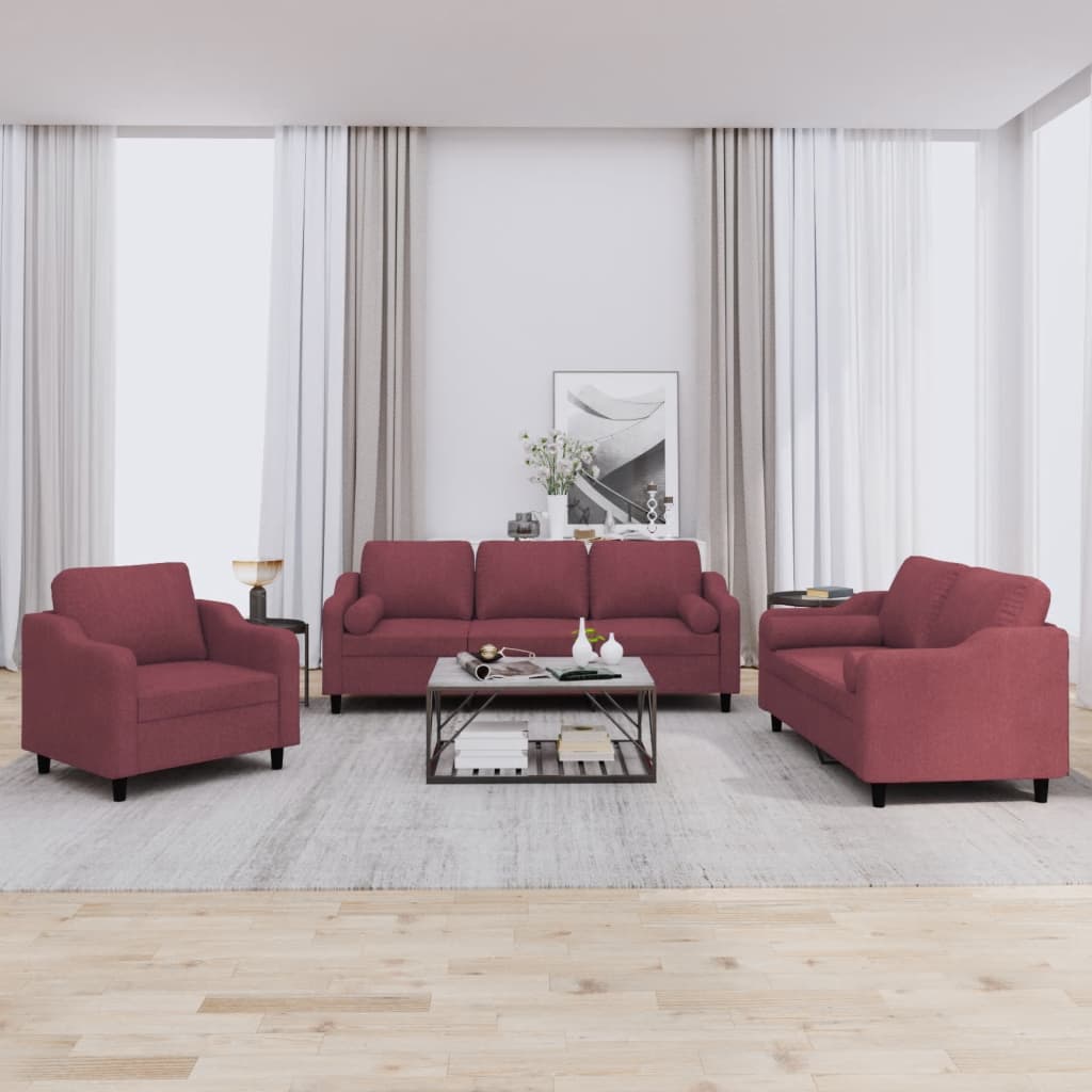Vidaxl 3-Seater Lounge Set With Cushions, Wine Red, Fabric