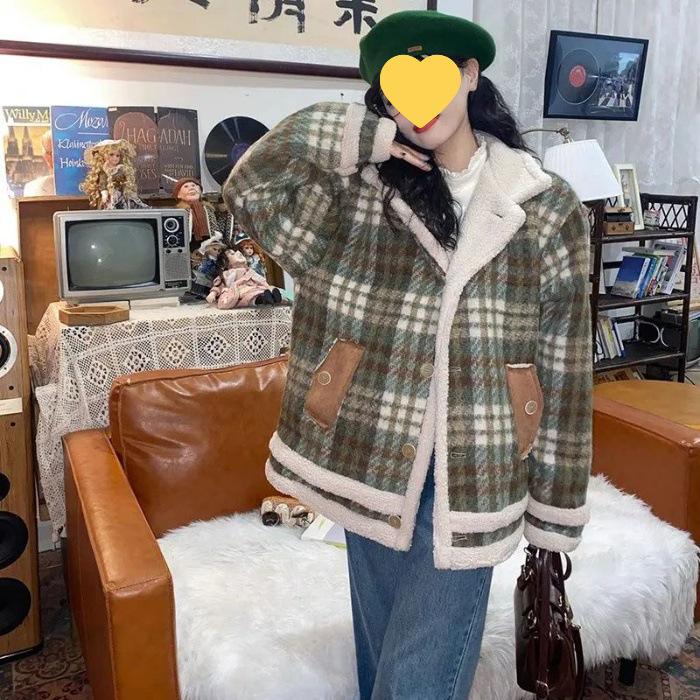 2026 Women s Plaid Lambswool Coat with Fur Collar - Trendy Autumn/Winter Style Extra Large