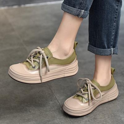 Genuine Leather Casual Flats Shoes Women Round Toe Lace-up Soft Bottom Leisure Vulcanize Shoes