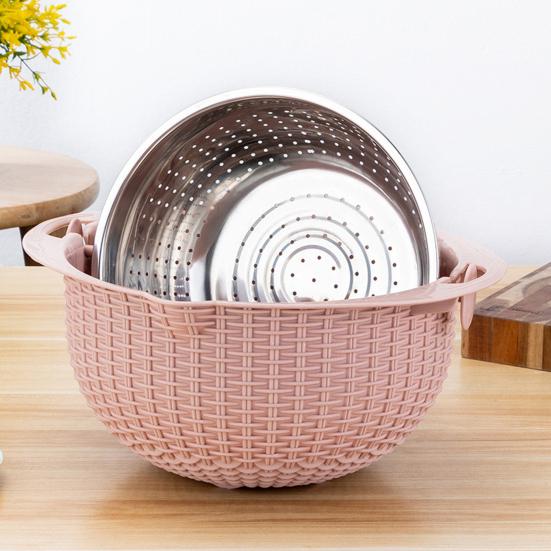 1 Set Stainless Steel Drain Basket Double-layered Rotatable Anti-skid Bottom Kitchen