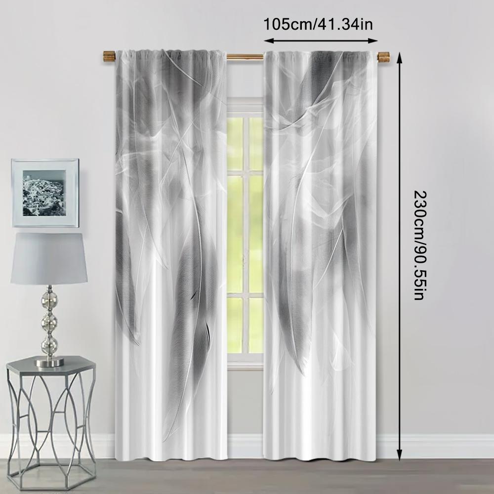 2pcs, Creative Curtains print Gray & White Feather Print Polyester (without rod) Decorations For Home Perfect for Living
