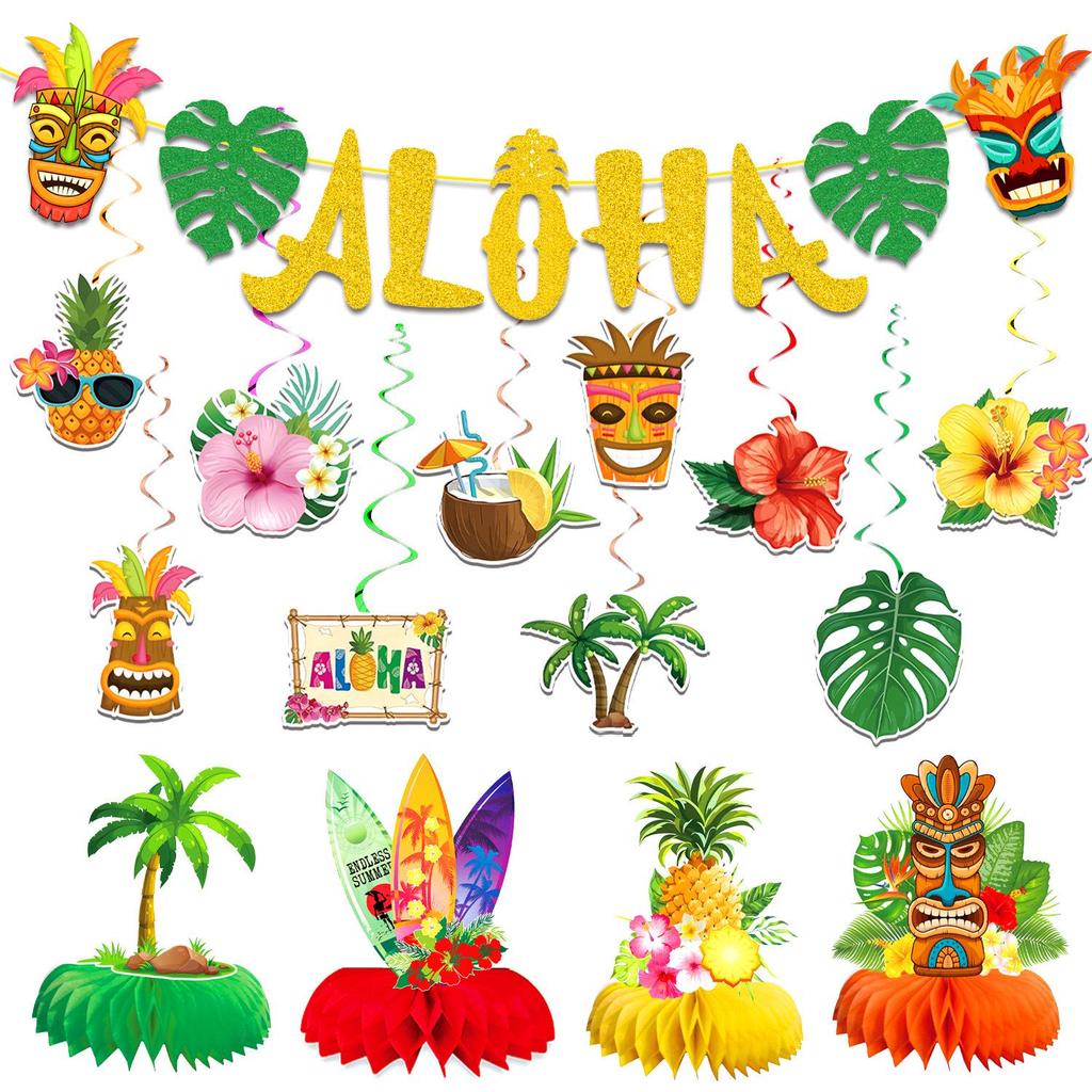 ALOHA Hawaii Theme Summer Party Decorations: Banner, Hanging Swirls, and Honeycomb Accents
