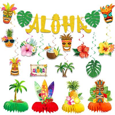 ALOHA Hawaii Theme Summer Party Decorations: Banner, Hanging Swirls, and Honeycomb Accents