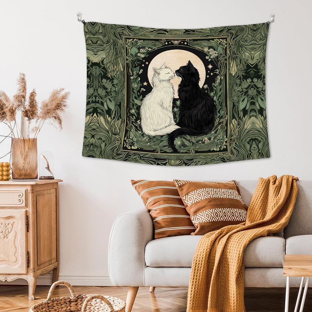 Vintage Black and White Cat Wall Tapestry,Cat Mom Lovers Gifts Wall Tapestry Hanging for Bedroom, Tarot Card Botanical Aesthetic