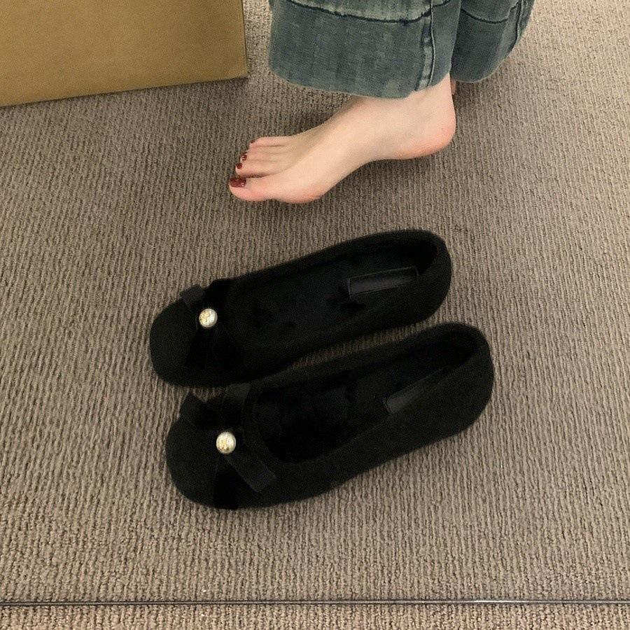 Inner height increase pink woolen single shoes female winter new Korean version ballet fairy wind fluffy shoes thick-soled velvet cotton shoes