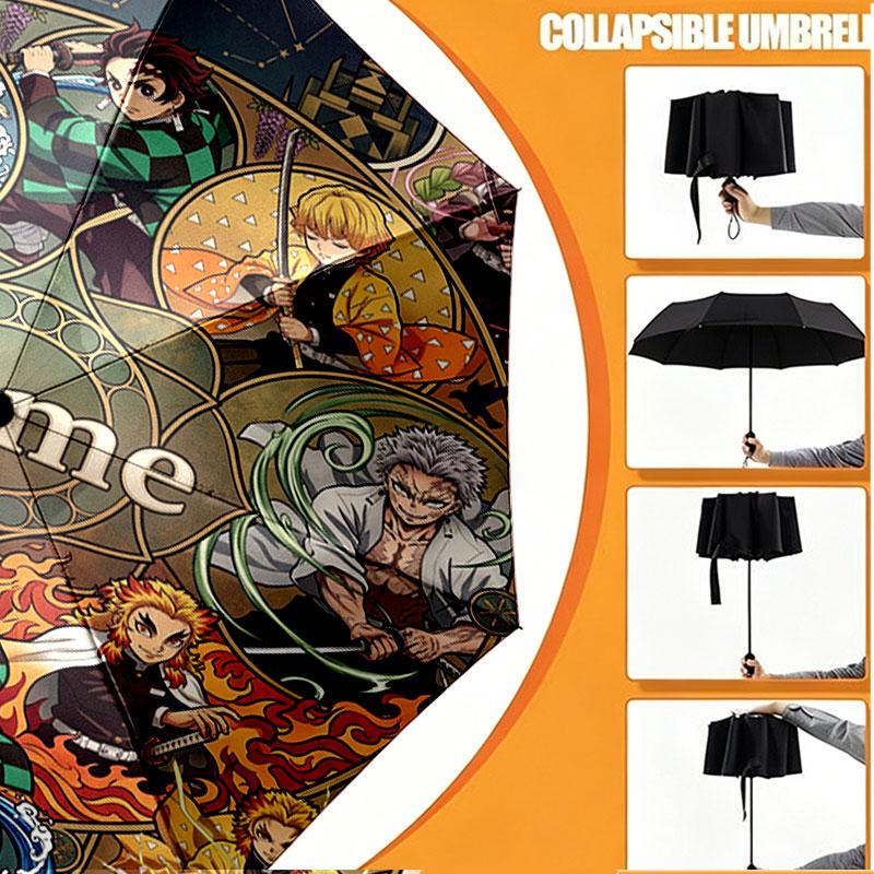 Custom Name Personalized Demon Slayer Anime Print Umbrella, Auto Open Close, 8‑Rib Sturdy Frame, Commute Camping Hiking Use, Birthday Gift