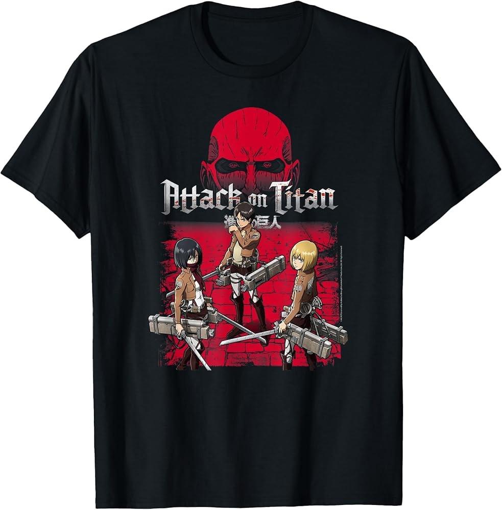 Attack on Titan 3 Main Characters Red Background Anime TShirt Unisex T-Shirt XL
