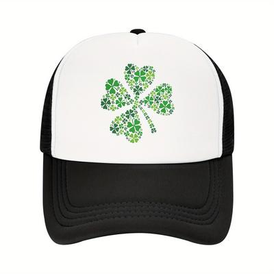 Four Leaf Clover Trucker Hat Breathable Mesh Baseball Cap Green Print Casual Adjustable Unisex Adult