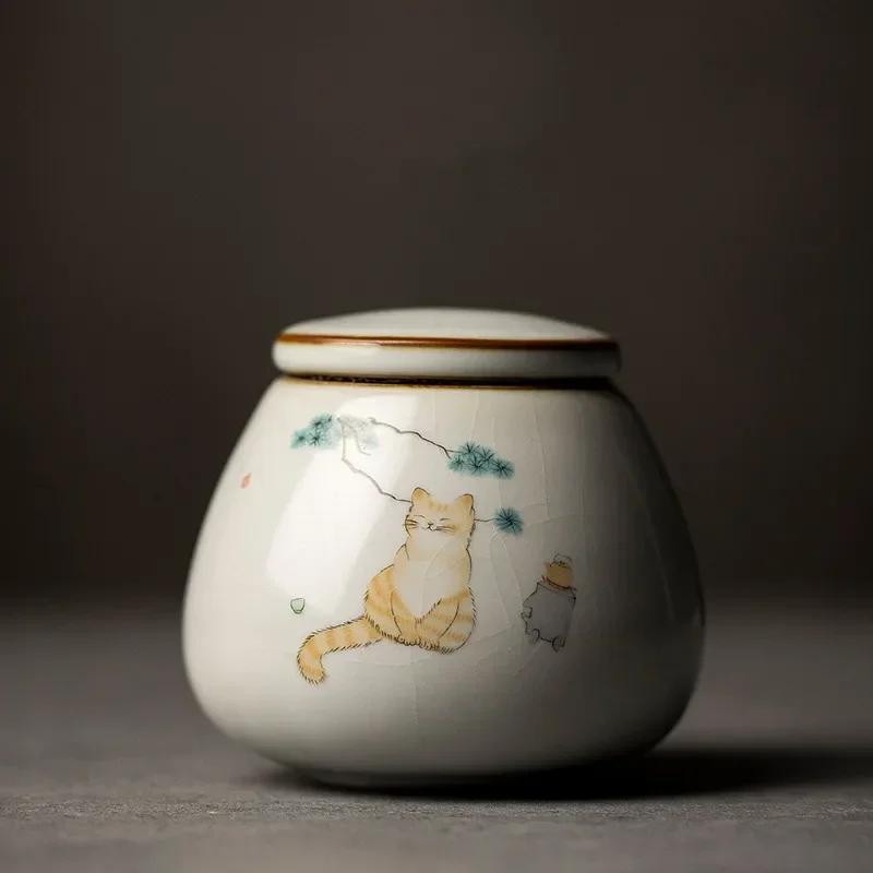 Retro Ru Kiln Ceramics Tea Caddy Cute Cat Pattern Portable Sealed Tea Leaf Containers Travel Tea Bag Storage Box Spice Organizer