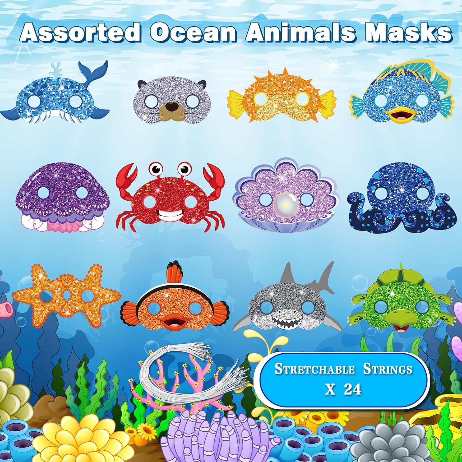 Minatee 24 Pieces Kids Masks Under the Sea Ocean Animal Birthday Funny Masks for Kids Party Supplies Under the Sea Ocean Animal Theme Baby Shower
