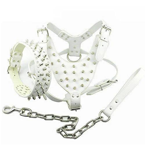 

3pcs Set Dogs Kingdom Spiked Studded Dog Harness Collar Chain Walking Training Adjustable Leather Dog Pet Collar Harness Leash XS 38-46cm белый