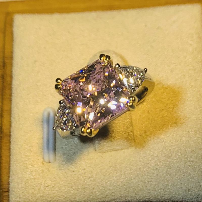 Luoxi Temple S925 Sterling Silver 5 Carat Cushion Cut Yellow Pink Diamond Simulation Ring for Women
