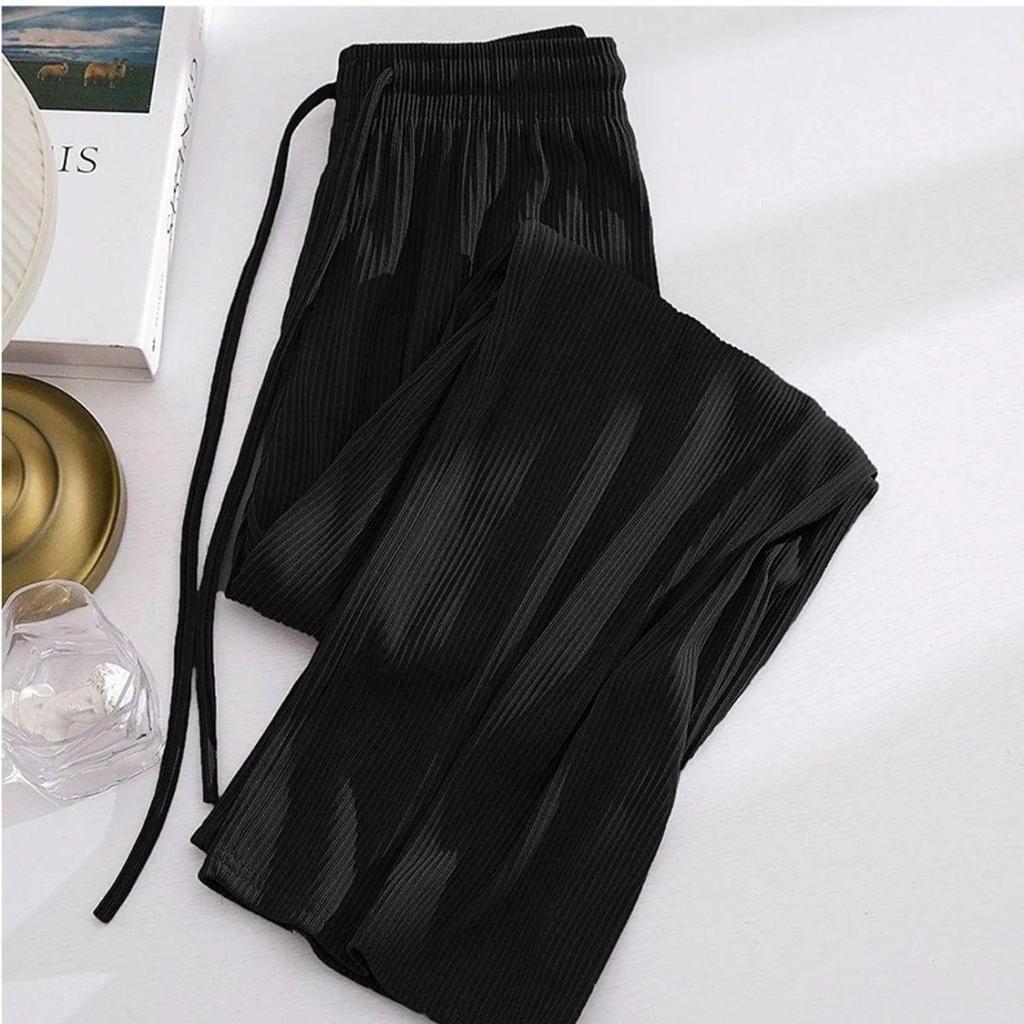 Women's Summer Ice Silk Wide-Leg Pants: One or Two-Piece Set, Korean Style, High Waist, Slimming, Floor-Length.